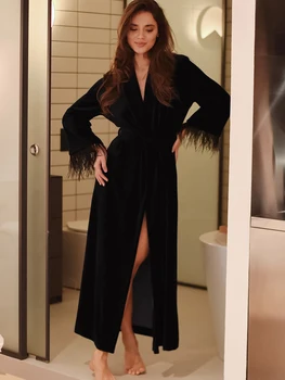 Hiloc Kadife Tüyler Elbise Uzun Kollu gece elbisesi Kadın Elbiseler Ayak Bileği Uzunlukta Bornoz Siyah Yarık kadın Sabahlık Kış 4