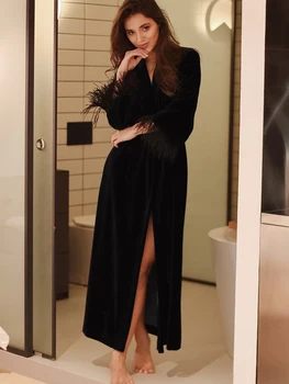 Hiloc Kadife Tüyler Elbise Uzun Kollu gece elbisesi Kadın Elbiseler Ayak Bileği Uzunlukta Bornoz Siyah Yarık kadın Sabahlık Kış 5