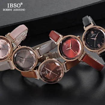 IBSO Lüks Bayanlar quartz saat Kadınlar İçin Düzenli Cam Dilimleri Moda Kadınlar Bilek Saatler Zirkon deri kayışlar Kadın Saat 0