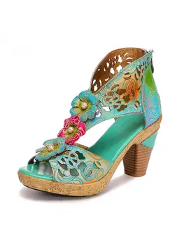 Yaz sandalet kadın 2022 retro Hakiki Deri Peep Toe 9.5 CM Kare topuk Peep Toe Çiçek Platformu Rahat kadın ayakkabı mavi