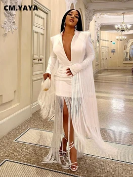 CMYAYA Kadın Püskül Ekleme Beyaz Düğmeli Yüksek Bel Blazer Midi Bodycon Elbise 2022 Seksi Parti Balo Abiye Vestidos