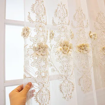 Avrupa lüks Üç Boyutlu Çiçek İşlemeli pencere teli Yatak Odası Sırf Örtüsü Zarif Kabartma Perdeler oturma odası için 5
