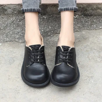 Kadın ayakkabısı Düz Kış Kürk Ayakkabı İngiliz Tarzı Lace up Siyah düz ayakkabı 100 % Hakiki Deri Kadın Ayakkabı Geniş Ayak Şekli 1