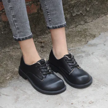 Kadın ayakkabısı Düz Kış Kürk Ayakkabı İngiliz Tarzı Lace up Siyah düz ayakkabı 100 % Hakiki Deri Kadın Ayakkabı Geniş Ayak Şekli 5