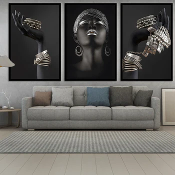 Afrikalı Kadın Ev Arka Plan duvar sanatı tuval yağlıboya Altın Ve Gümüş Takı El Posteri Baskılar Resimleri Odası Dekor Duvar Resimleri 0