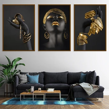 Afrikalı Kadın Ev Arka Plan duvar sanatı tuval yağlıboya Altın Ve Gümüş Takı El Posteri Baskılar Resimleri Odası Dekor Duvar Resimleri 1
