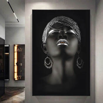 Afrikalı Kadın Ev Arka Plan duvar sanatı tuval yağlıboya Altın Ve Gümüş Takı El Posteri Baskılar Resimleri Odası Dekor Duvar Resimleri 2