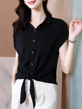 Kadın Gömlek Polo Boyun Katı Kadın Bluzlar Tops 2022 Kore Moda Yaz Kısa Üst Düğme Gömlek Temel Kadın Giyim