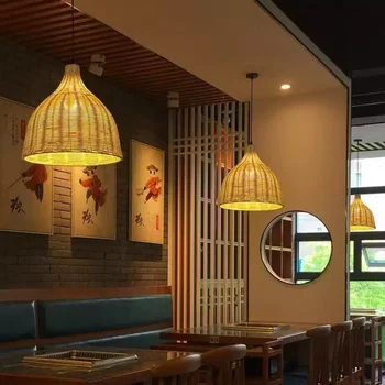 Rattan hasır kolye lamba el yapımı Rattan dokuma kolye ışıkları Restoran Cafe yemek odası Hanglamp ev dekor bambu lamba