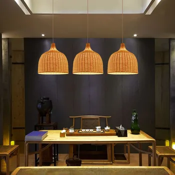 Rattan hasır kolye lamba el yapımı Rattan dokuma kolye ışıkları Restoran Cafe yemek odası Hanglamp ev dekor bambu lamba 5