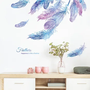 Elle Çizilmiş Suluboya Mavi Mor Tüyler duvar çıkartmaları Oturma Odası Yatak Odası için Dekoratif Duvar Çıkartmaları Çıkarılabilir Çocuk Odası PVC