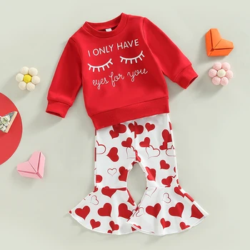 2022-11-16 Lioraitiin 0-4Years Toddler Bebek Kız sevgililer Günü Giysileri Mektup Göz Baskı Uzun Kollu Üstleri Kalp Flare Pantolon