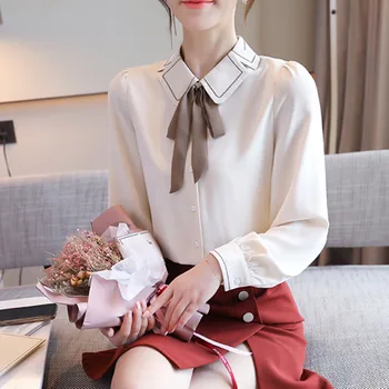 TB03 Kore Bluzlar Kadınlar Şifon Katı Gömlek Ofis Bayan Uzun Kollu Gömlek Bluzlar Sonbahar Kadın papyon Bluz Üstleri Artı Boyutu