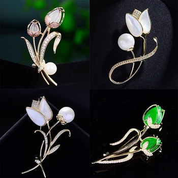 Kore Moda Zirkon Lale Broş Yaratıcı Mizaç Bitki Giyim Pin Opal Çiçek Broş Kadın Aksesuarları Takı için 0