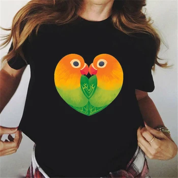 Kadın T Shirt 2022 Suluboya Cockatiel Papağan Baskı Tee Gömlek Femme Gökkuşağı Kuşlar T-Shirt Streetwear Yaz Üst Siyah T Shirt