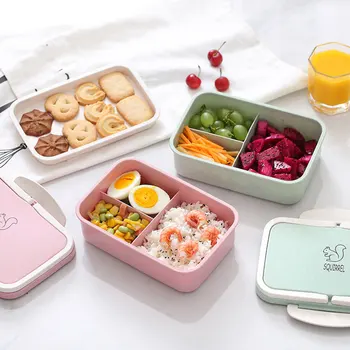 Dikdörtgen Buğday Saman Çift Katmanlar yemek kabı Kaşık İle Sağlıklı Malzeme Bento Kutuları Mikrodalga Gıda Saklama Kabı Lunchbox