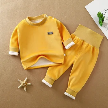 Çocuk termal iç çamaşır takım elbise sonbahar ve kış bebek artı kadife kalın yüksek bel sıcak bebek uzun kollu pantolon bebek takım elbise