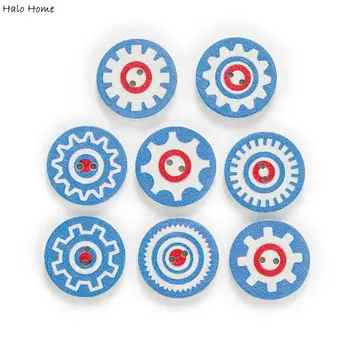 50 adet Parlak Mavi Dişli Baskı Serisi Retro Ahşap Düğmeler İşi Dikiş Scrapbooking Giyim El Sanatları Hediye Kartı DIY 20-25mm