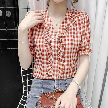 Casual Ruffles Tüm Maç V Yaka Ekose Gömlek Kore Moda Harajuku Tek göğüslü Kısa Kollu Bluzlar Yaz kadın giyim