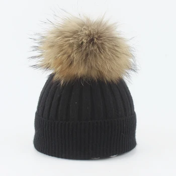 Kış Gerçek Kürk Ponpon Şapka Bebek Çocuk Kış Yün Örme Şapka çocuk şapkaları Kapaklar Erkek Kız Pom Pom Skullies Beanies