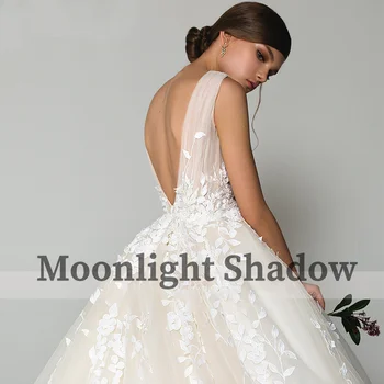 MoonlightShadow Derin V Yaka düğün elbisesi Zarif Tül Kolsuz A-line Dantel Aplikler gelin elbiseleri Kıyafeti Robe De Mariée