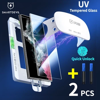 SmartDevil Tam Tutkal UV Temperli Cam Samsung Galaxy S22 Ultra UV Tamamen Yapıştırılmış Ekran Koruyucu Hızlı Kilidini Kurulum Aracı