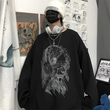 Siyah Büyük Boy T-Shirt Harajuku Tee Bahar Moda Uzun Kollu Japonya Graffiti Üstleri Çift Gotik INS Ulzzang T Shirt Femme