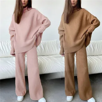 Nıbesser Pijama Setleri Kadın Örme Kazak Üst + Geniş Bacak Pantolon Zarif Eşleşen Setleri Gevşek Rahat Sonbahar Kış Gecelik Takım Elbise