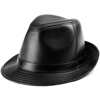 Hakiki Deri Kahverengi Fedora Şapka Erkek Koyun Derisi Caz Kap Sonbahar Kış İngiliz Rahat Yüksek Kaliteli Geniş şapka