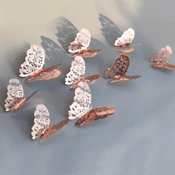 12 adet/takım İçi Boş 3D Kelebek Duvar Sticker Düğün Dekorasyon için oturma odası pencere Ev Dekor Altın gümüş Kelebekler çıkartmalar