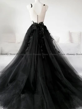 Gotik Siyah düğün elbisesi Seksi See-through Üst V Boyun Boncuk 3D Çiçekler Sweep Tren Illusion Geri gelin kıyafeti Elbise Evlilik 0