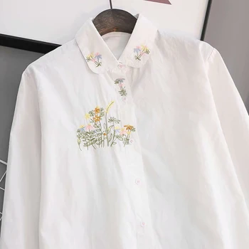 Ilkbahar Sonbahar Japon Çiçek Nakış Gömlek Kadın Rahat Tatlı Gevşek pamuklu uzun kollu tişört Beyaz Kadın Bluzlar Tops U213