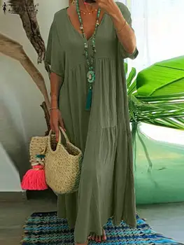 Bohemian yaz elbisesi Moda V Boyun Kısa Kollu Sundress ZANZEA Kadınlar Tatil Uzun Elbiseler Katı Kaftan Rahat Plaj Vestidos