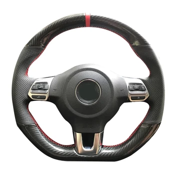 Kaymaz Siyah Karbon Fiber Hakiki Deri Araba direksiyon kılıfı Volkswagen Golf 6 GTI MK6 / Polo GTI / Scirocco R