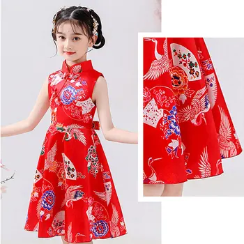 Çocuk Kolsuz Elbise Prenses Kız Çin Tarzı Retro Jakarlı Elbiseler Cheongsam Kırmızı Elbise Boyutu 110-160 Parti Hanfu 2