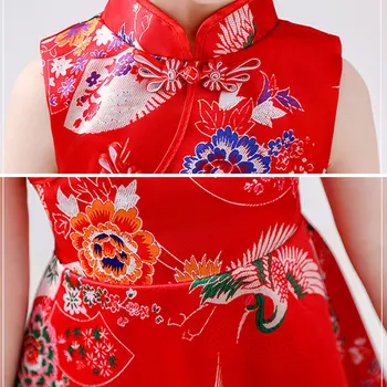 Çocuk Kolsuz Elbise Prenses Kız Çin Tarzı Retro Jakarlı Elbiseler Cheongsam Kırmızı Elbise Boyutu 110-160 Parti Hanfu 3