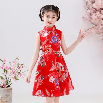 Çocuk Kolsuz Elbise Prenses Kız Çin Tarzı Retro Jakarlı Elbiseler Cheongsam Kırmızı Elbise Boyutu 110-160 Parti Hanfu 4