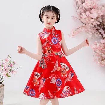 Çocuk Kolsuz Elbise Prenses Kız Çin Tarzı Retro Jakarlı Elbiseler Cheongsam Kırmızı Elbise Boyutu 110-160 Parti Hanfu 5