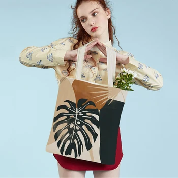 Bitki Ağacı Tropikal Yapraklar Baskı Kadın alışveriş çantası Rahat Geometrik Sanat Her İki Taraflı Yeniden Kullanılabilir Tuval Bayan Öğrenci Tote Çanta