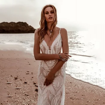 Plaj Dantel Spagetti Sapanlar düğün elbisesi Parti Törenlerinde Backless Custom Made Hedef Derin V Yaka Rustik Uzun Mermaid Gelin