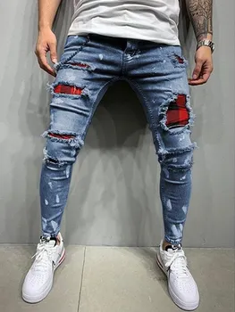 Yeni erkek ızgara Slim-Fit Yırtık kot erkek boyalı kot yama dilenci pantolon Jumbo erkek Hip Hop pantolon boyutu