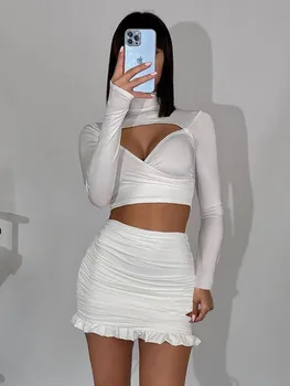 Hirigin İki Parçalı Kıyafetler Kadınlar için Seksi Clubwear Setleri Uzun Kollu Gömlek Kırpma Üst + Fırfır Bodycon Mini Etek 2 ADET Takım Elbise