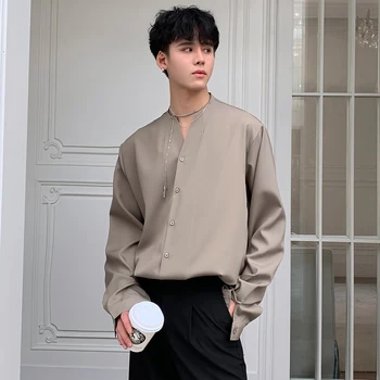 Erkekler Streetwear Vintage Moda V Yaka Rahat Gevşek Uzun Kollu Gömlek Erkek Japonya Kore Düz Renk Gömlek Tops Adam