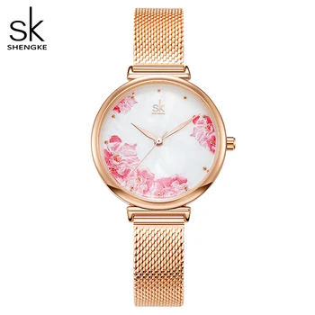 SHENGKE Altın Paslanmaz Çelik Kadın Saatler En Lüks kadının Kuvars Saatı Moda Çiçek Yüz Tasarım Bayanlar Saat 0
