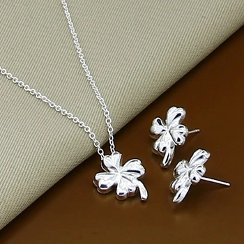 Yeni 925 Ayar Gümüş Dört Yapraklı Yonca Çiçek Kolye Küpe Kadın Moda Charm takı seti