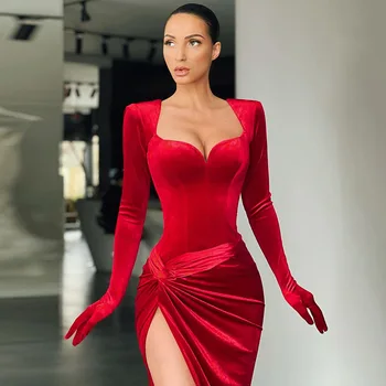 GACVGA Zarif uzun elbise Akşam Parti Kıyafeti Kıyafetler Kadın Eldiven Kollu Kırmızı Kadife Seksi Yarık Maxi Elbiseler Gelinlik Vestidos