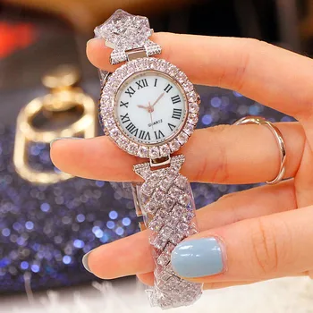 WOKAI yüksek kalite lüks flaş elmas Roma Elmas zincir kadın quartz saat moda high-end kadın izle retro