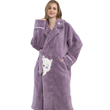 Mercan Kadife Gecelik Kalın Uzun kadın Ev Giysileri Flanel Gecelik Kış Sıcak Peluş Bornoz