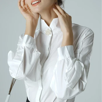 Zarif Beyaz Bluz Pamuk Kadın Üst Fener Uzun Kollu Boncuklu Gömlek Standı Yaka Bahar Sonbahar Ofis ış elbisesi Bluzlar
