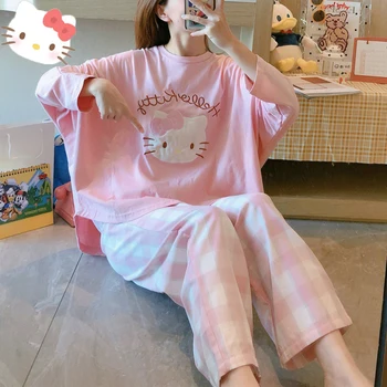 Sanrioed Kawaii KT Karikatür Uzun Kollu Kadın Pijama Set tatlı Anime ekip boyun Sonbahar Kış Pijama Girlfriends kıyafet